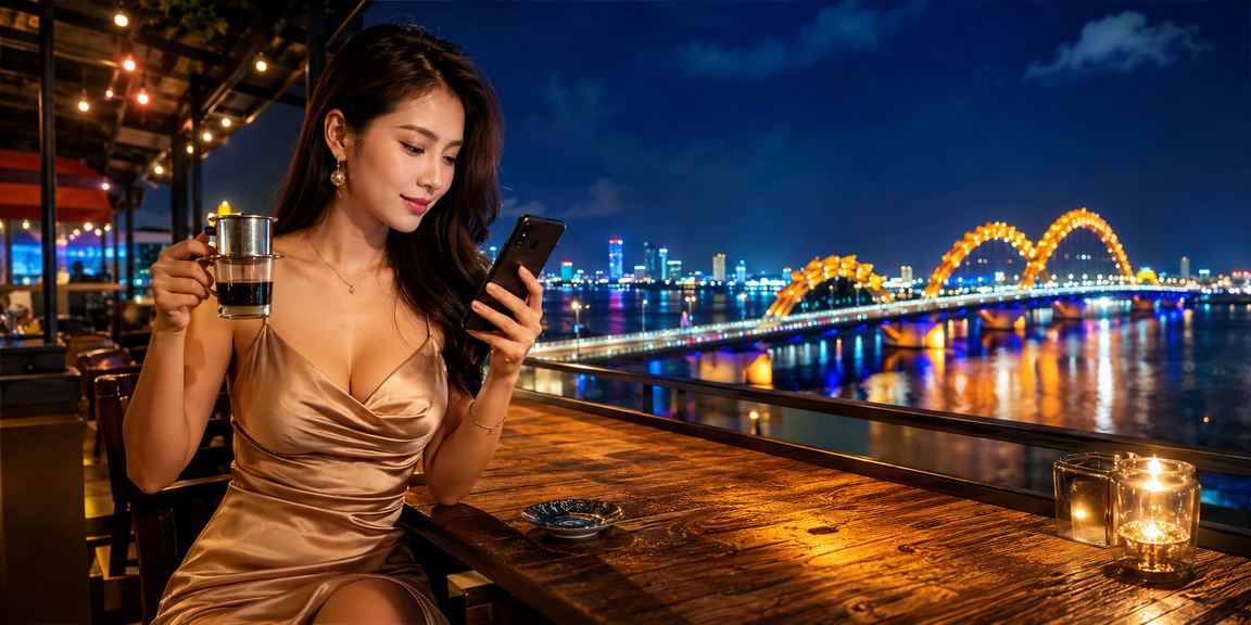 Người dùng tại Đà Nẵng xem thông tin giải thưởng VIP trên điện thoại bên ly cà phê