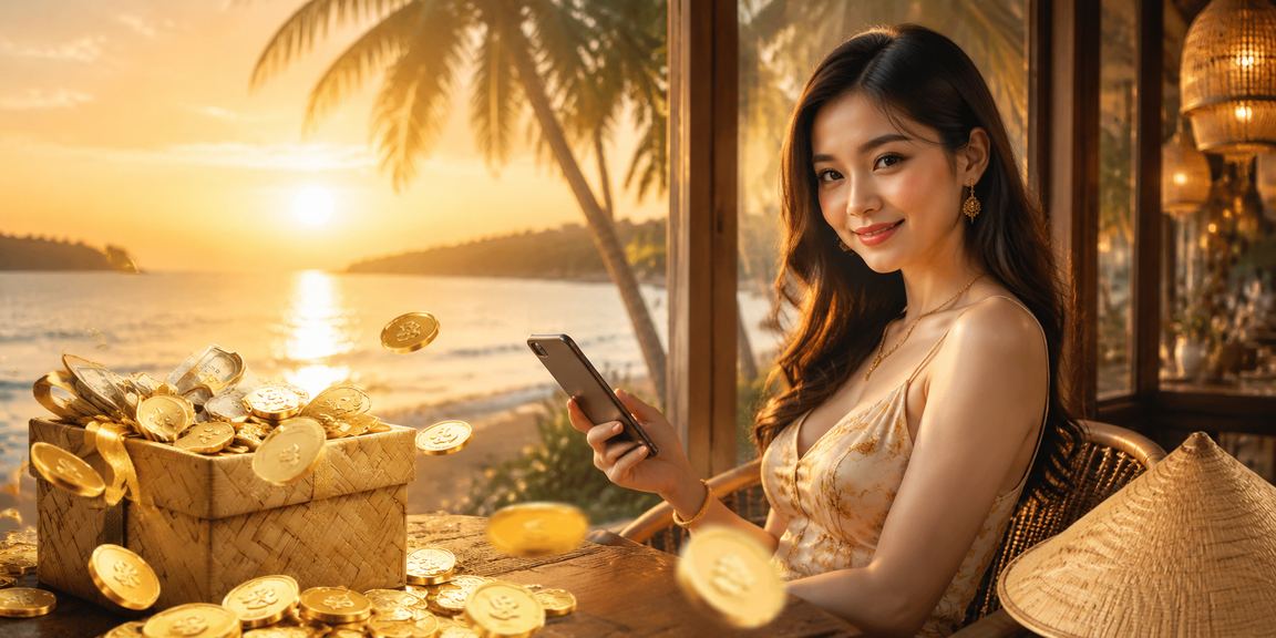 Người dùng VIP thư giãn tại Phú Quốc với điện thoại và nón lá truyền thống Việt Nam